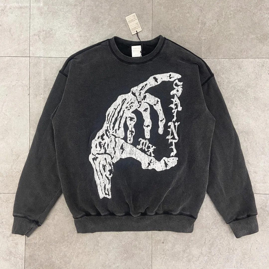 American Saint Michael skull hand cracked print retro distressed washed loose round neck plus velvet long-sleeved sweatshirt Fabric: 420g Style number: SM608 Size: S-M-L-XL Color: Black Price: P198